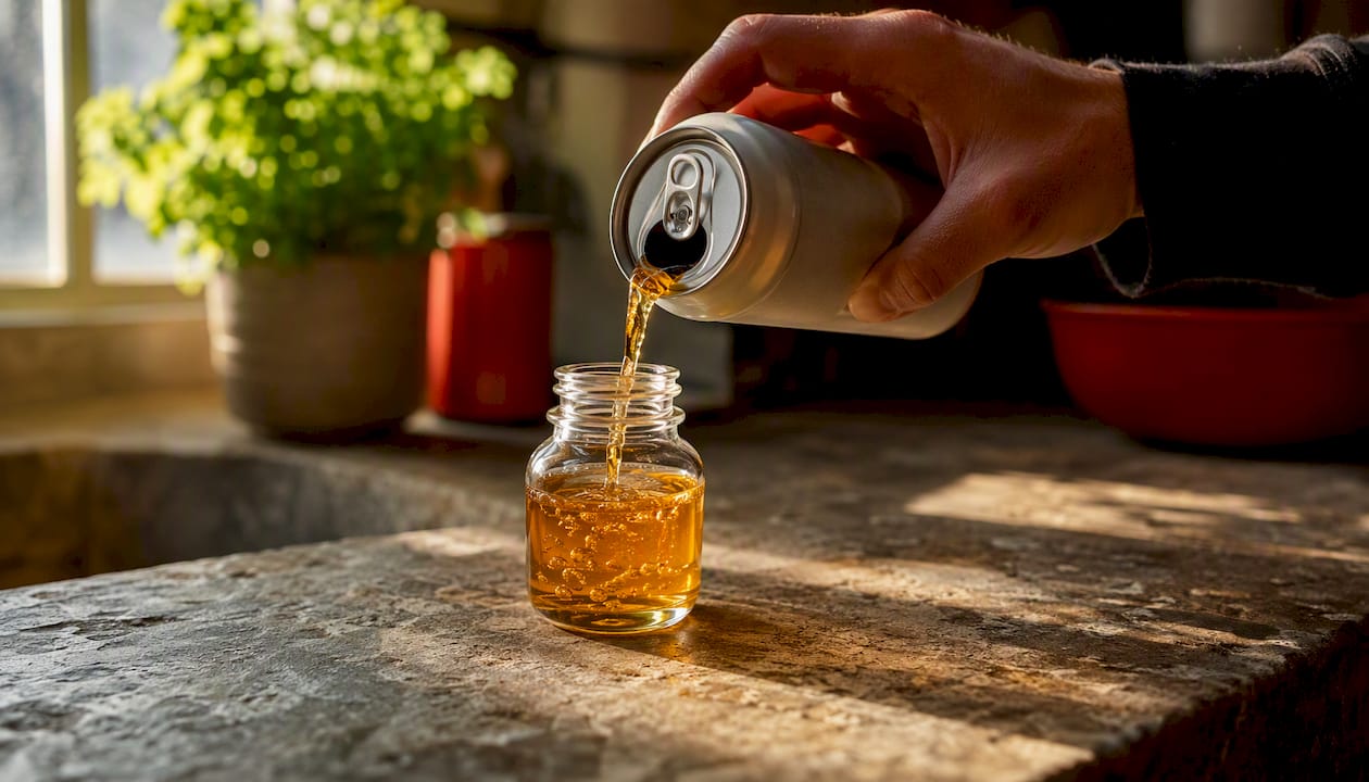 Hand pouring THC drink into container for dosage