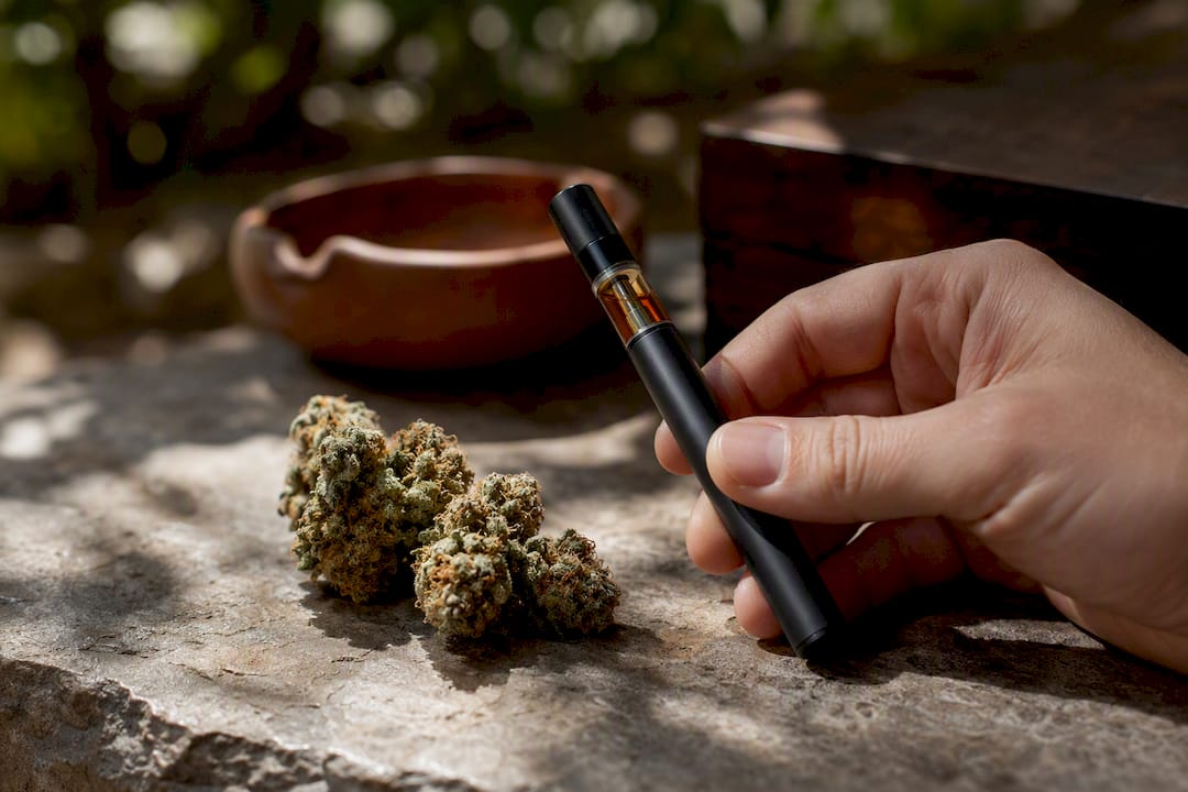Close-up of cannabis flower and vape cartridge