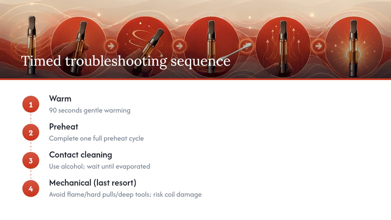 Timed sequence for gentle vape cart troubleshooting