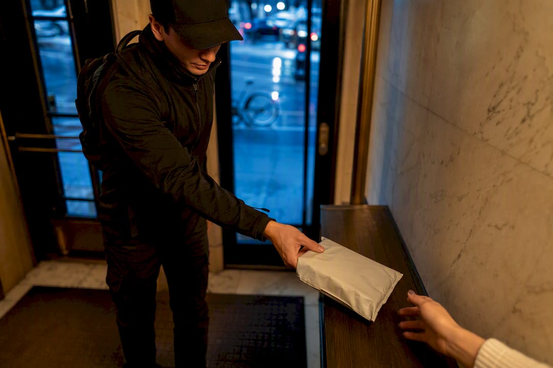 Discreet cannabis delivery arriving at NYC apartment