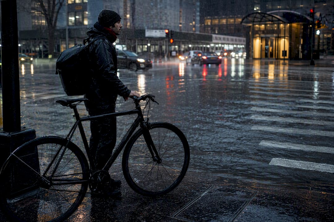 Courier paused during a flooded NYC storm