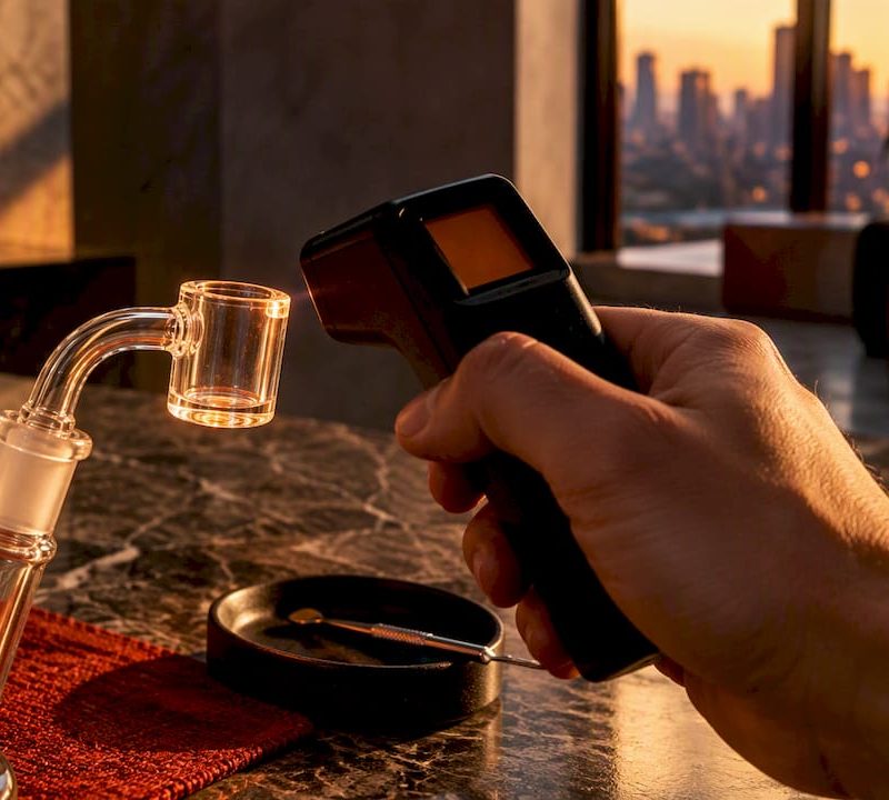 Hand measuring banger temperature with thermometer