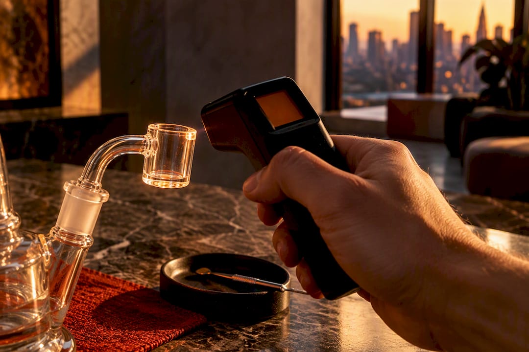 Hand measuring banger temperature with thermometer