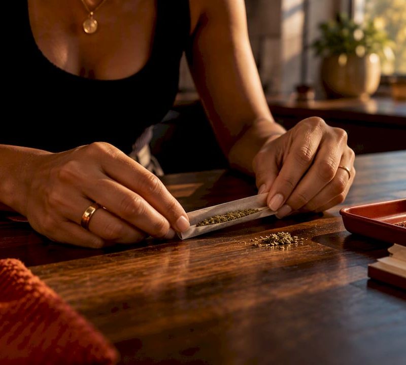 Hands folding rolling paper around flower