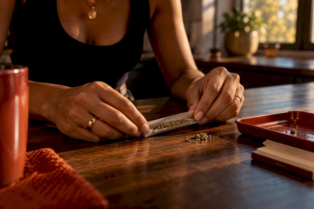 Hands folding rolling paper around flower